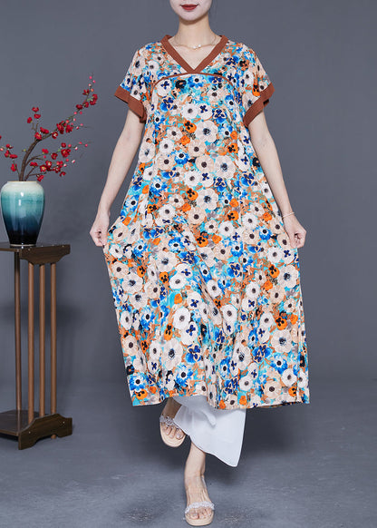 Blue Patchwork Cotton Holiday Dress V Neck Print Summer LY5386 - fabuloryshop