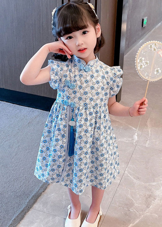 Blue Patchwork Cotton Kids Girls Dresses Tasseled Stand Collar Summer LY6520 - fabuloryshop