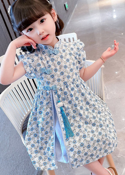 Blue Patchwork Cotton Kids Girls Dresses Tasseled Stand Collar Summer LY6520 - fabuloryshop