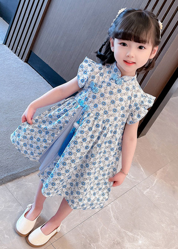 Blue Patchwork Cotton Kids Girls Dresses Tasseled Stand Collar Summer LY6520 - fabuloryshop