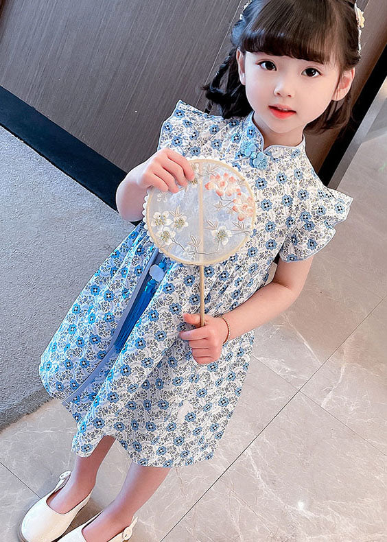 Blue Patchwork Cotton Kids Girls Dresses Tasseled Stand Collar Summer LY6520 - fabuloryshop