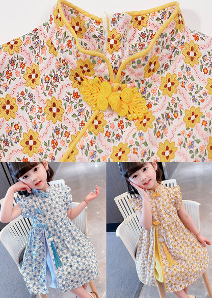 Blue Patchwork Cotton Kids Girls Dresses Tasseled Stand Collar Summer LY6520 - fabuloryshop