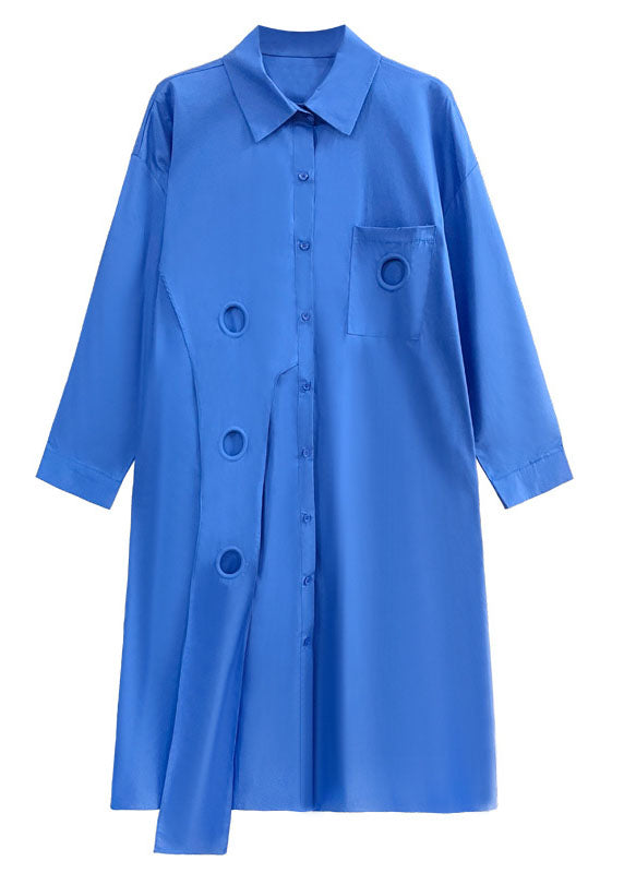 Blue Patchwork Cotton Shirt Dress Peter Pan Collar Button Spring LC0140 - fabuloryshop