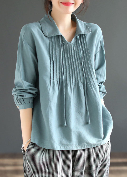 Blue Patchwork Cotton Shirt Tops Peter Pan Collar Wrinkled Long Sleeve LY6194 - fabuloryshop