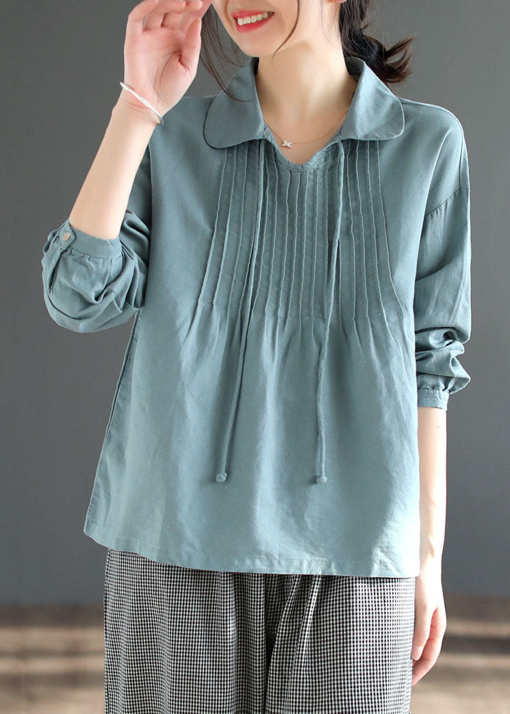 Blue Patchwork Cotton Shirt Tops Peter Pan Collar Wrinkled Long Sleeve LY6194 - fabuloryshop