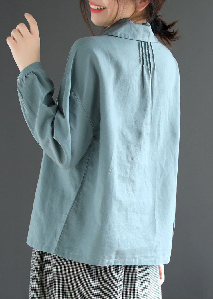 Blue Patchwork Cotton Shirt Tops Peter Pan Collar Wrinkled Long Sleeve LY6194 - fabuloryshop