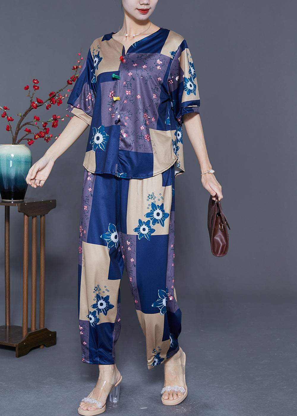 Blue Patchwork Cotton Two-Piece Set Oversized Print Summer LY5567 - fabuloryshop