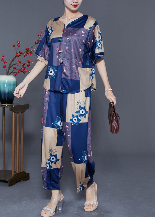 Blue Patchwork Cotton Two-Piece Set Oversized Print Summer LY5567 - fabuloryshop