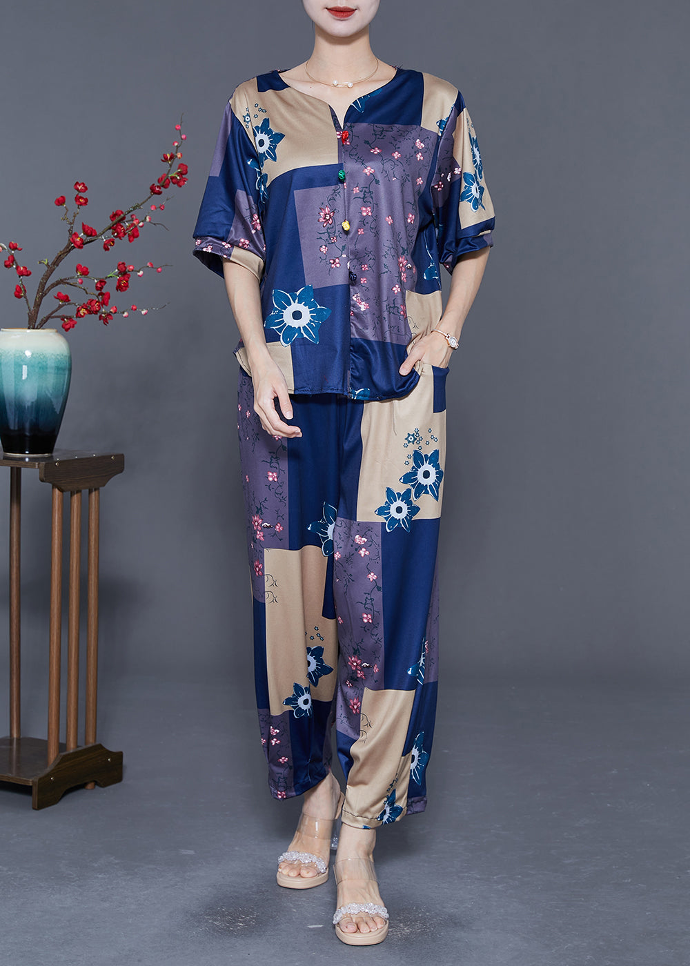 Blue Patchwork Cotton Two-Piece Set Oversized Print Summer LY5567 - fabuloryshop