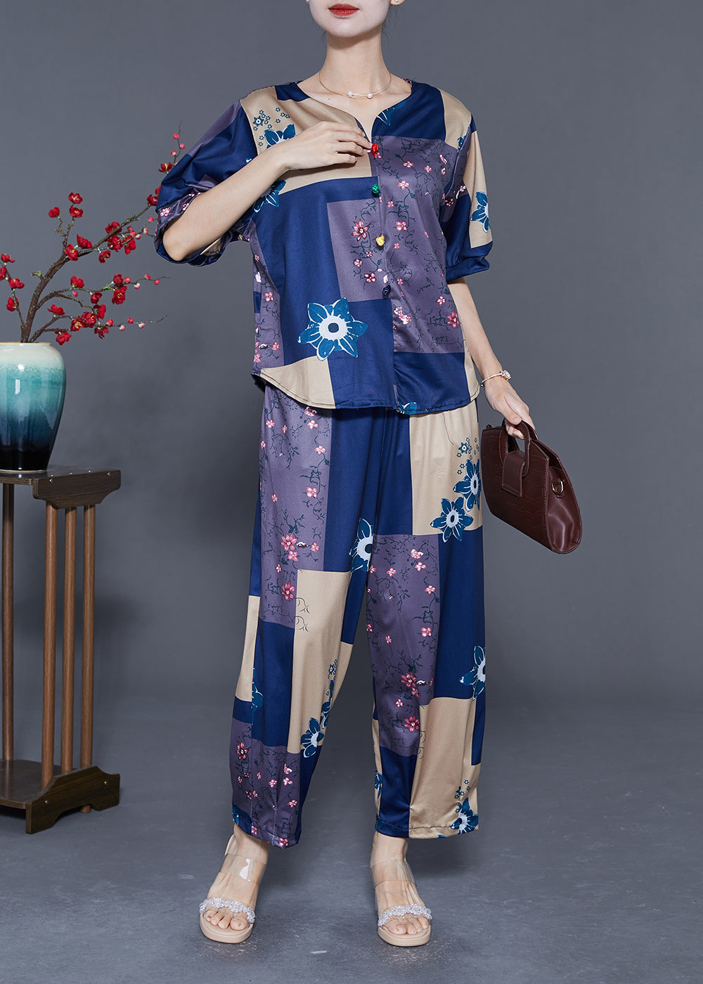 Blue Patchwork Cotton Two-Piece Set Oversized Print Summer LY5567 - fabuloryshop