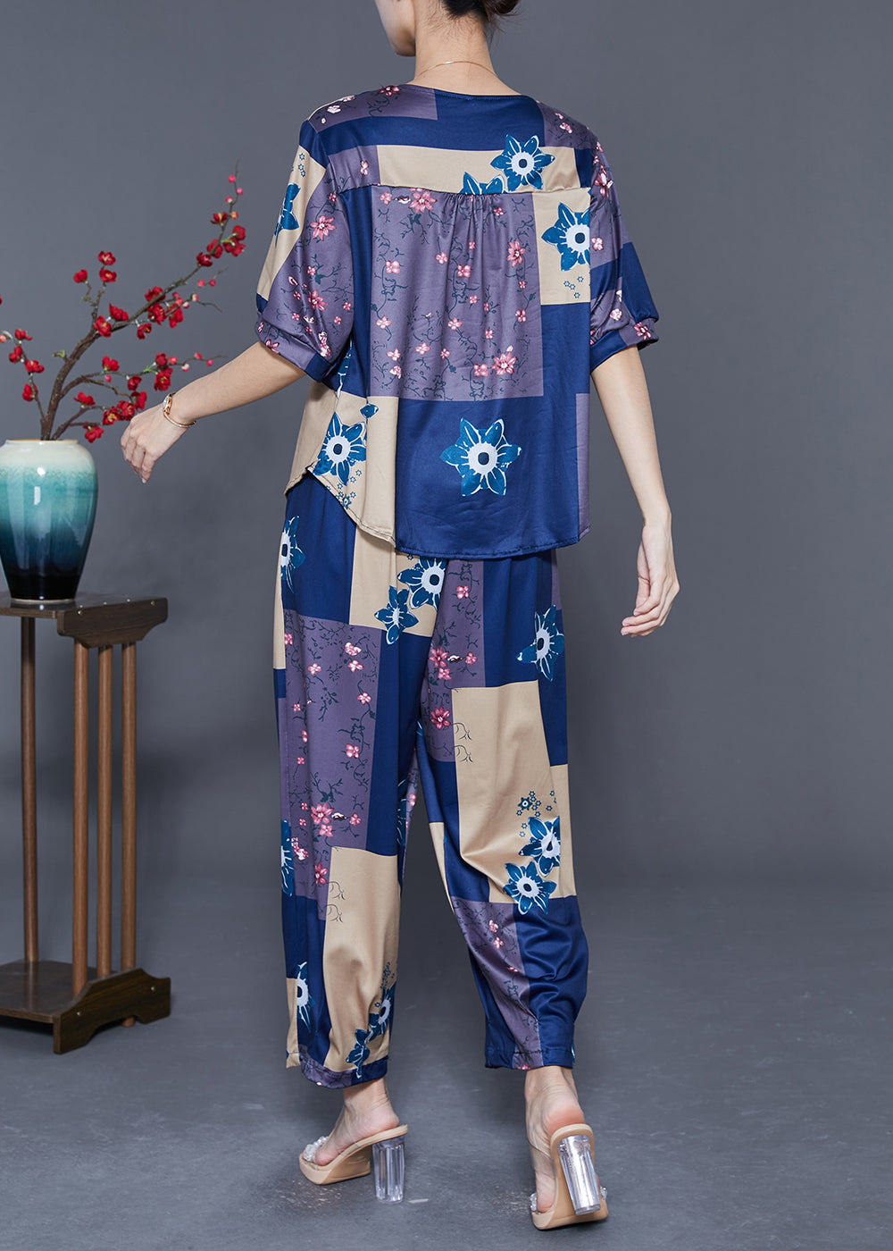 Blue Patchwork Cotton Two-Piece Set Oversized Print Summer LY5567 - fabuloryshop