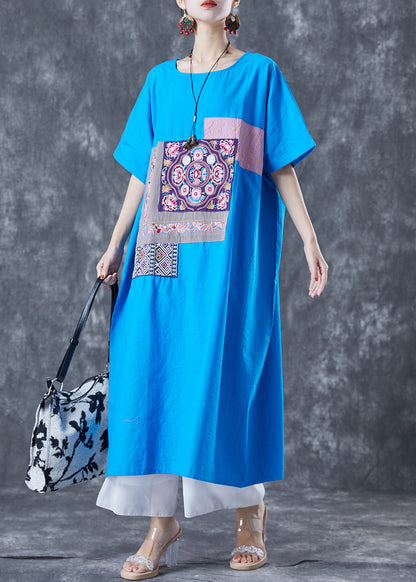 Blue Patchwork Cotton Vacation Dresses Embroideried Applique Summer LY5601 - fabuloryshop