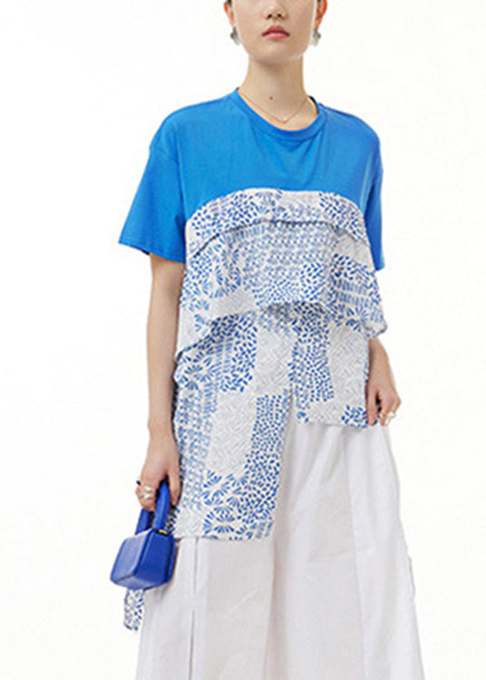 Blue Patchwork Cozy T Shirt Short Sleeve LY1209 - fabuloryshop