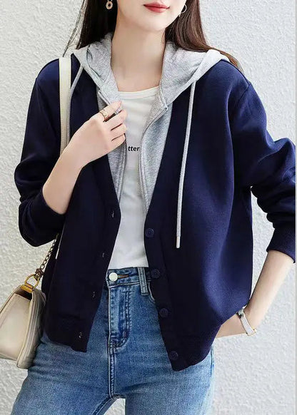 Blue Patchwork False Two Pieces Cotton Hoodie Coat Zip Up Fall Ada Fashion