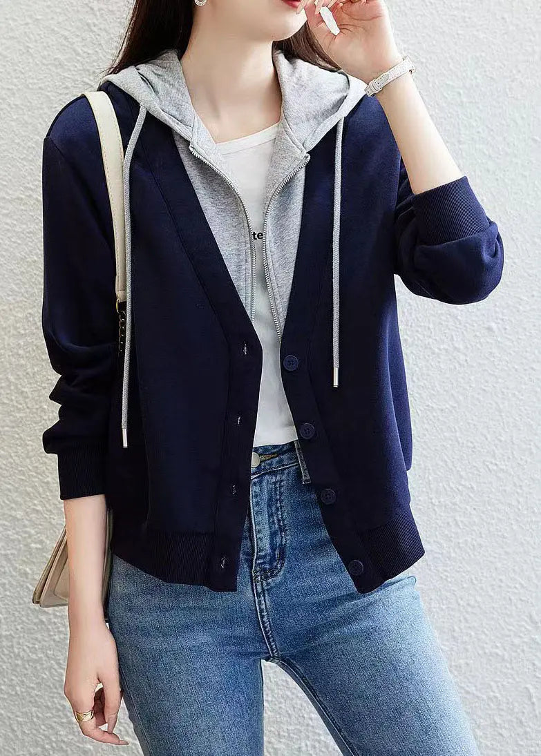 Blue Patchwork False Two Pieces Cotton Hoodie Coat Zip Up Fall Ada Fashion