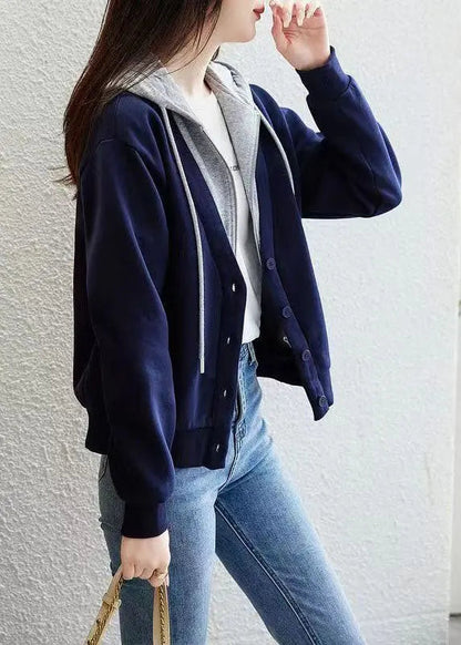 Blue Patchwork False Two Pieces Cotton Hoodie Coat Zip Up Fall Ada Fashion