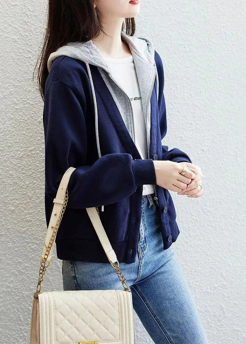 Blue Patchwork False Two Pieces Cotton Hoodie Coat Zip Up Fall Ada Fashion