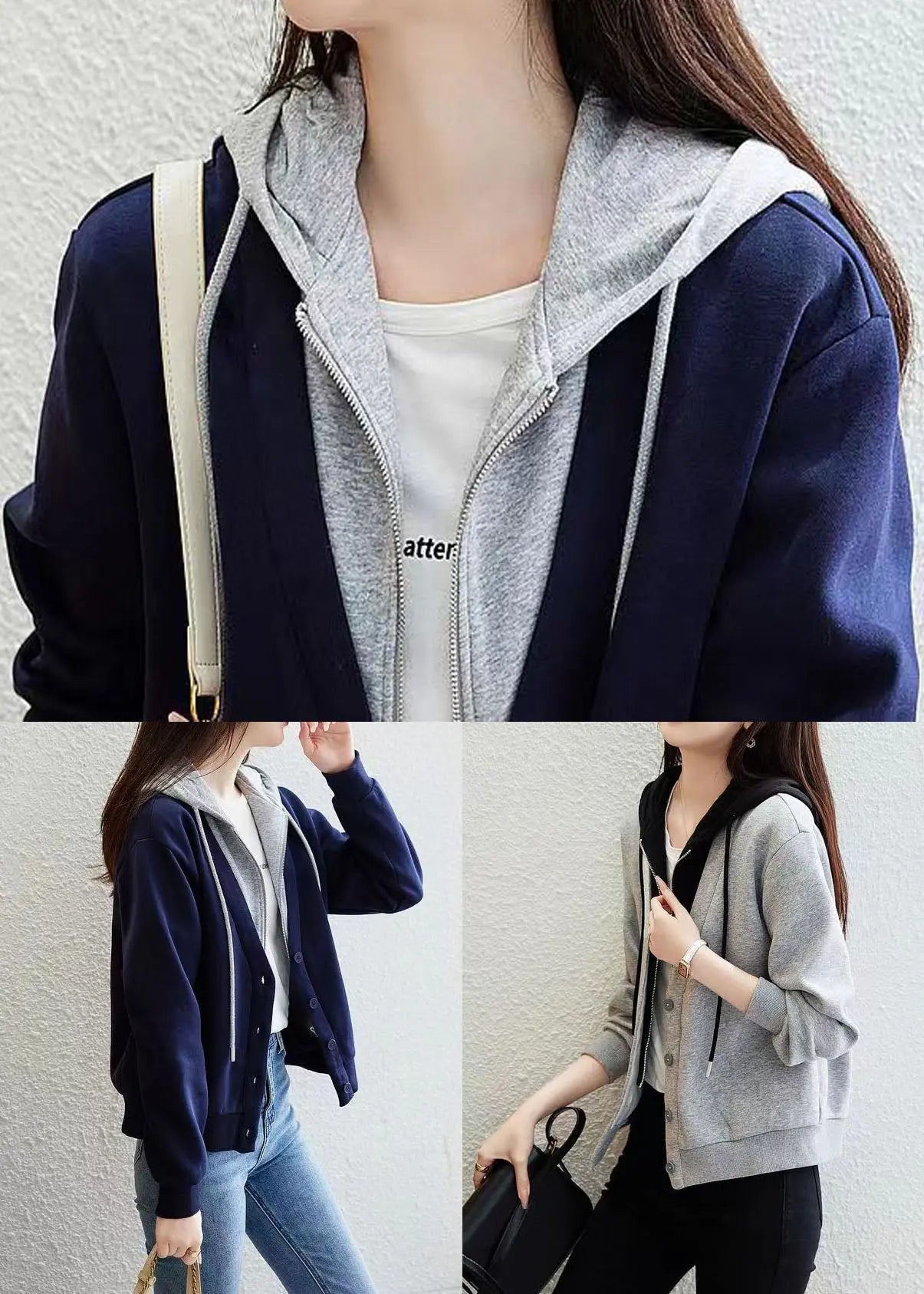 Blue Patchwork False Two Pieces Cotton Hoodie Coat Zip Up Fall Ada Fashion