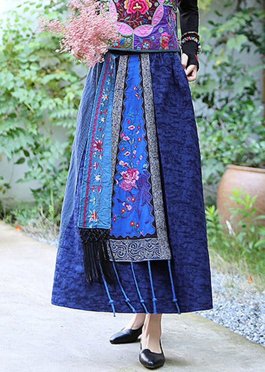 Blue Patchwork High Waist Tassel Maxi Skirts LY4645 - fabuloryshop