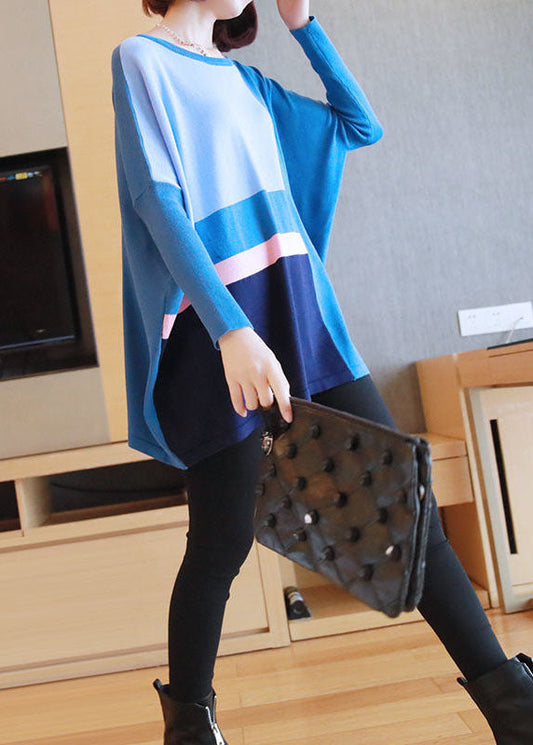 Blue Patchwork Knit Top Oversized O-Neck Spring LY1452 - fabuloryshop