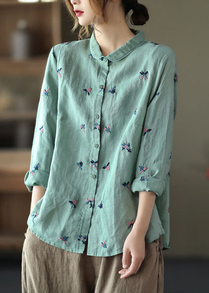 Blue Patchwork Linen Blouse Tops Embroideried Button Long Sleeve LY6260 - fabuloryshop