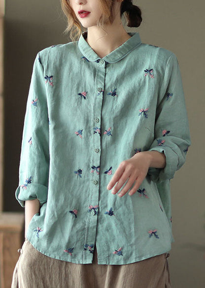 Blue Patchwork Linen Blouse Tops Embroideried Button Long Sleeve LY6260 - fabuloryshop