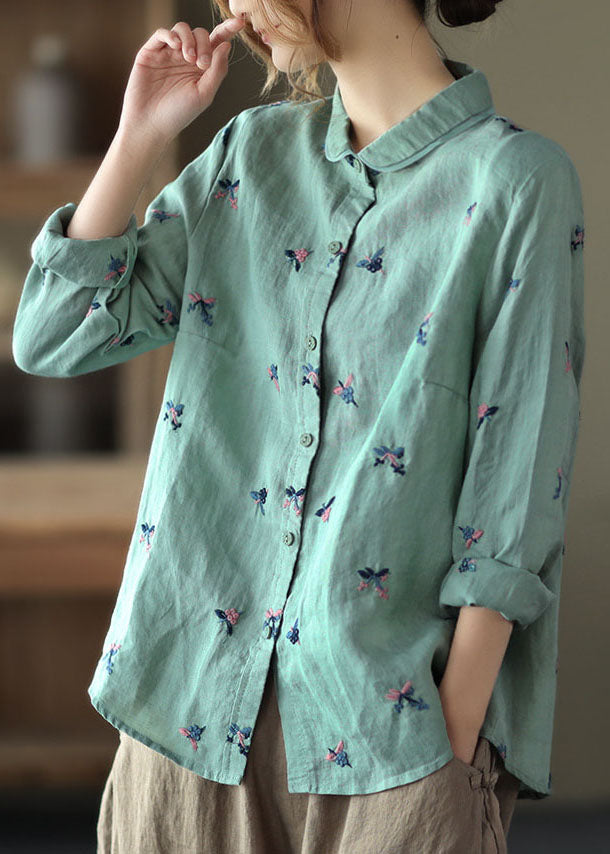 Blue Patchwork Linen Blouse Tops Embroideried Button Long Sleeve LY6260 - fabuloryshop