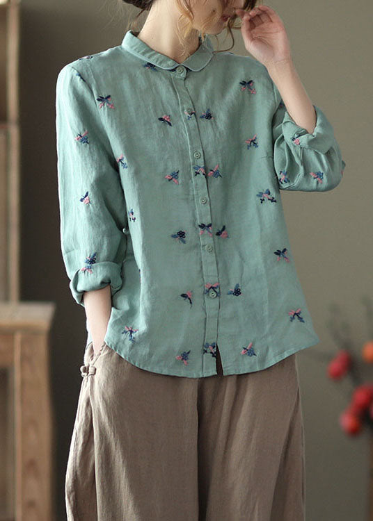 Blue Patchwork Linen Blouse Tops Embroideried Button Long Sleeve LY6260 - fabuloryshop