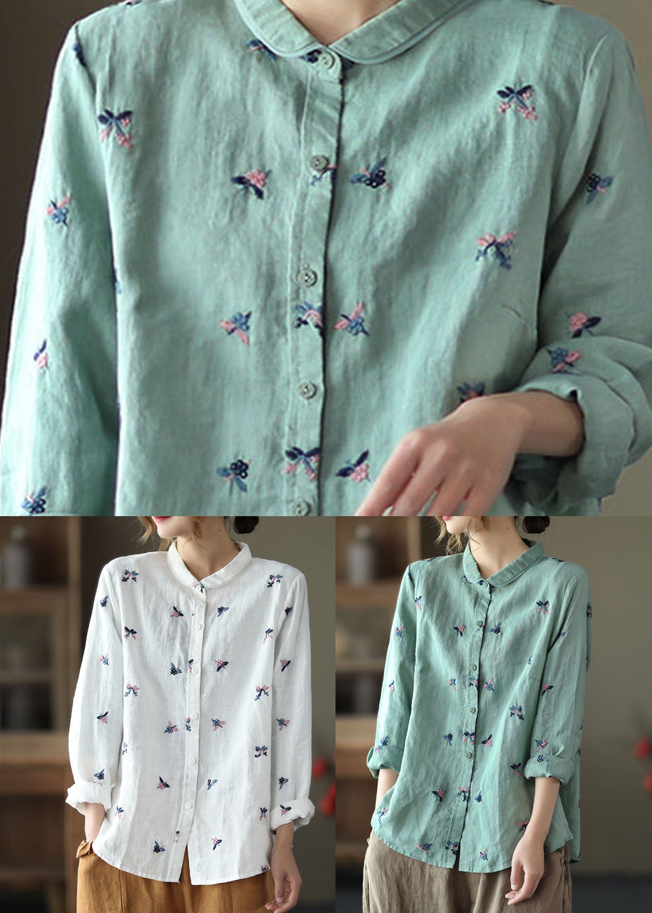 Blue Patchwork Linen Blouse Tops Embroideried Button Long Sleeve LY6260 - fabuloryshop