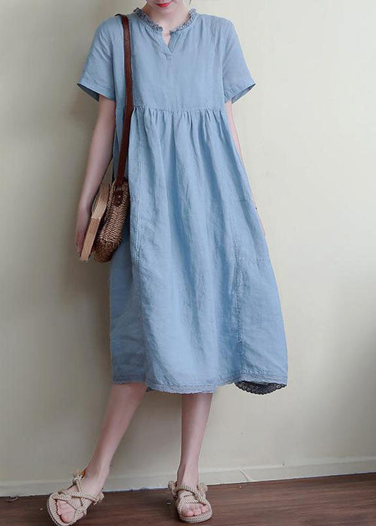 Blue Patchwork Linen Dresses Ruffled Short Sleeve LY3971