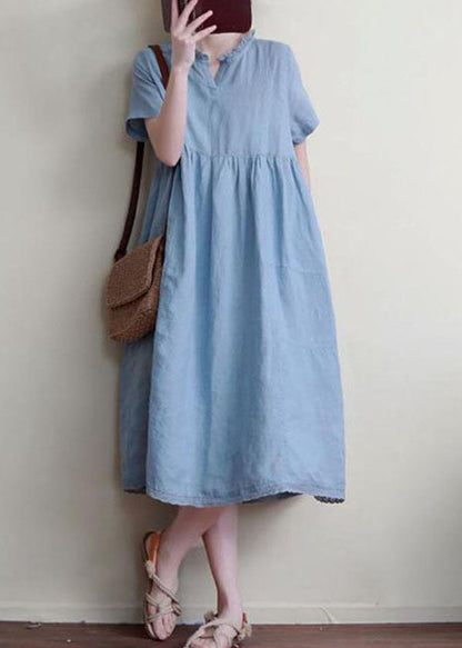 Blue Patchwork Linen Dresses Ruffled Short Sleeve LY3971 - fabuloryshop