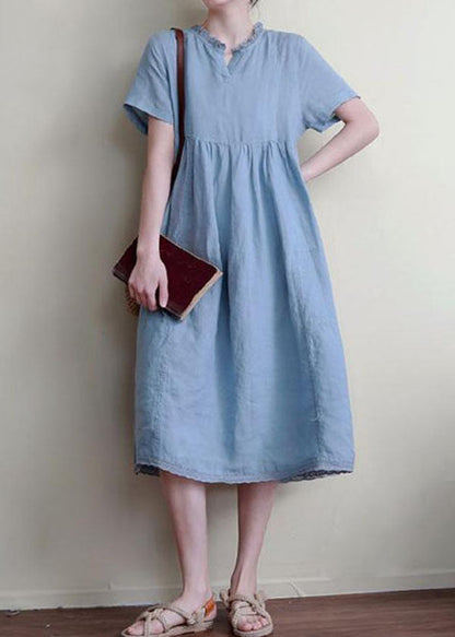 Blue Patchwork Linen Dresses Ruffled Short Sleeve LY3971 - fabuloryshop