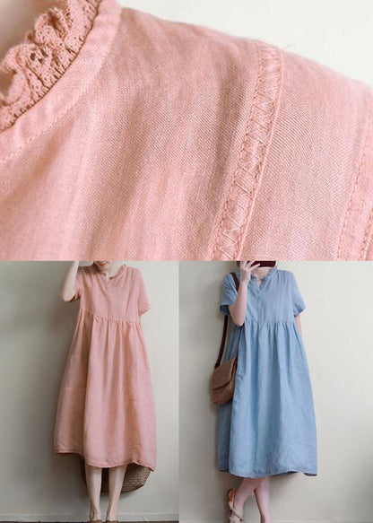 Blue Patchwork Linen Dresses Ruffled Short Sleeve LY3971 - fabuloryshop