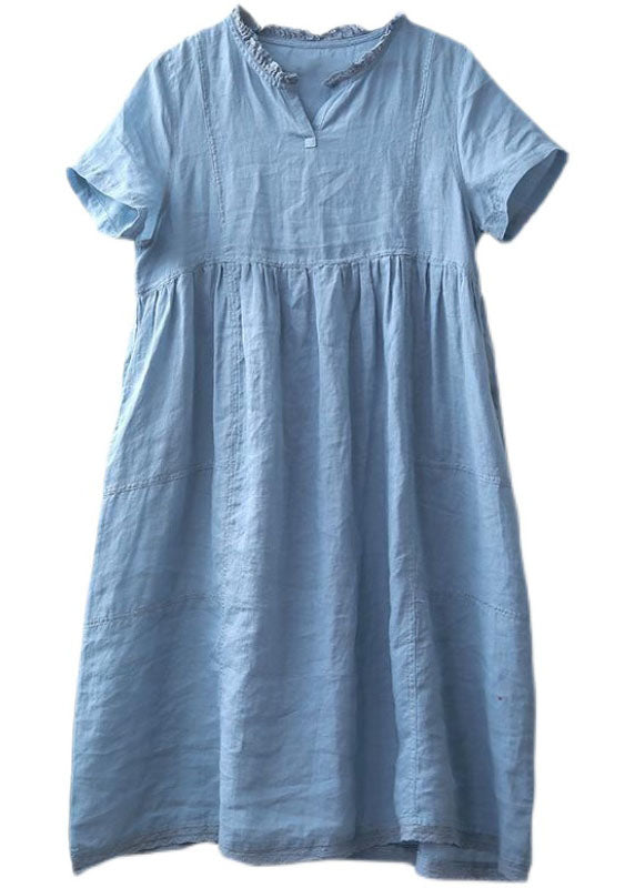 Blue Patchwork Linen Dresses Ruffled Short Sleeve LY3971 - fabuloryshop