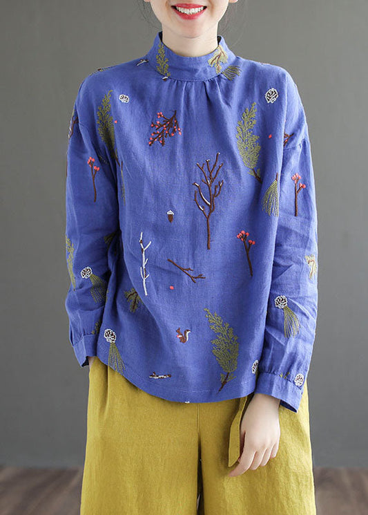 Blue Patchwork Linen Shirt Tops Embroideried Stand Collar Long Sleeve LY6239 - fabuloryshop