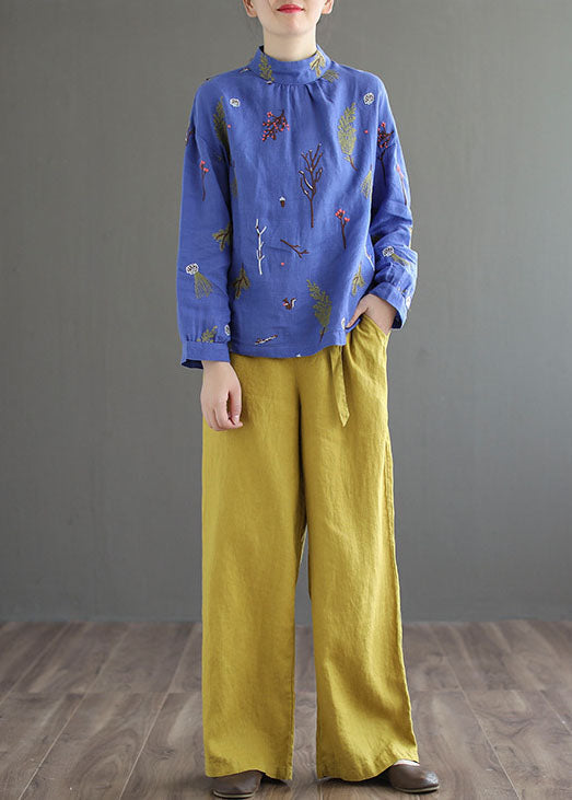 Blue Patchwork Linen Shirt Tops Embroideried Stand Collar Long Sleeve LY6239 - fabuloryshop