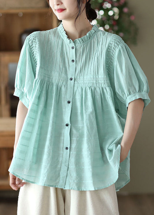 Blue Patchwork Loose Cotton Shirt Top Ruffled Button Summer Ada Fashion