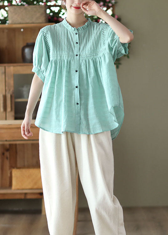 Blue Patchwork Loose Cotton Shirt Top Ruffled Button Summer Ada Fashion