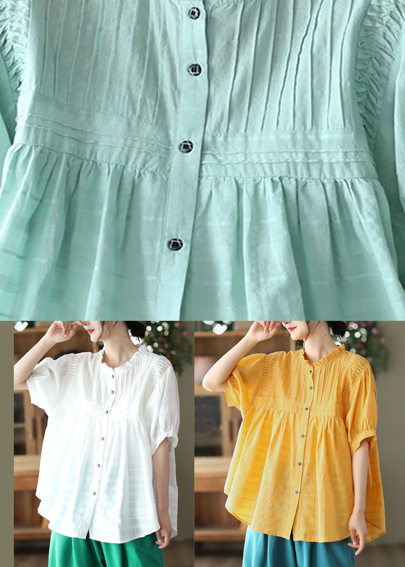Blue Patchwork Loose Cotton Shirt Top Ruffled Button Summer Ada Fashion