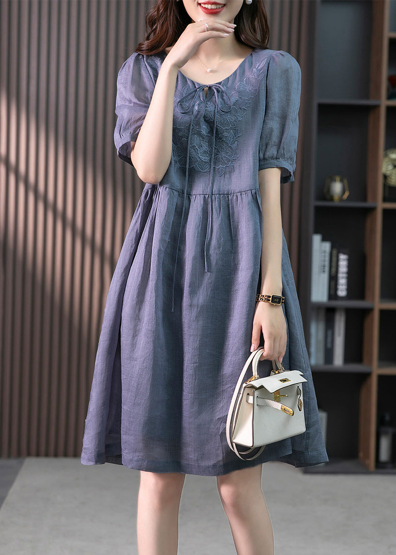 Blue Patchwork Neck Tie Linen Maxi Dresses Short Sleeve LY1754 - fabuloryshop