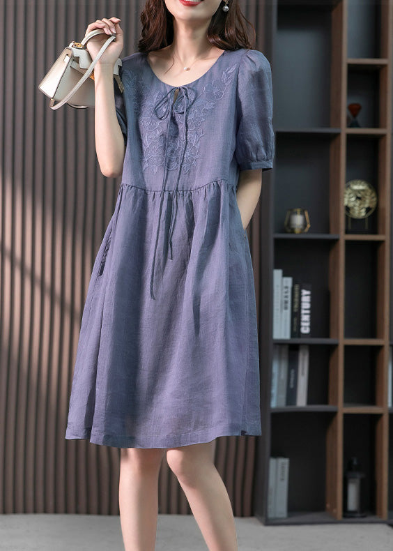 Blue Patchwork Neck Tie Linen Maxi Dresses Short Sleeve LY1754 - fabuloryshop