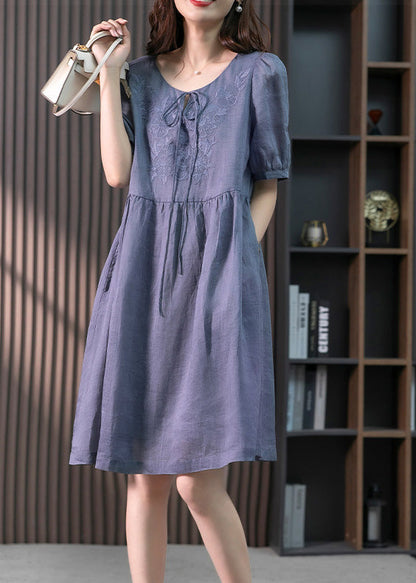 Blue Patchwork Neck Tie Linen Maxi Dresses Short Sleeve LY1754 - fabuloryshop