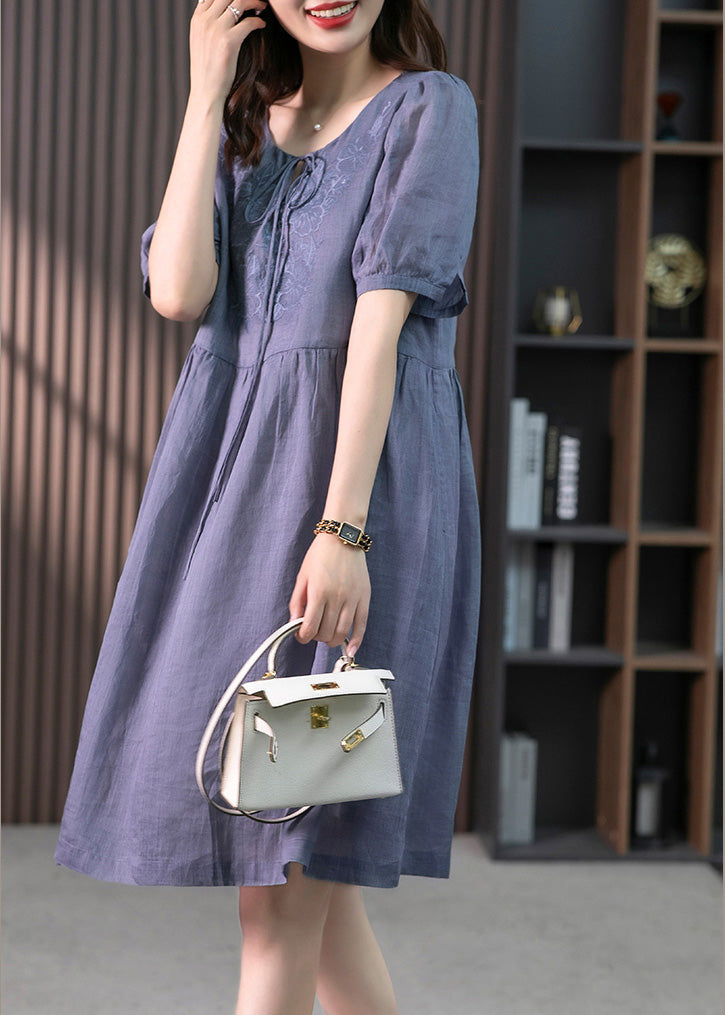 Blue Patchwork Neck Tie Linen Maxi Dresses Short Sleeve LY1754 - fabuloryshop