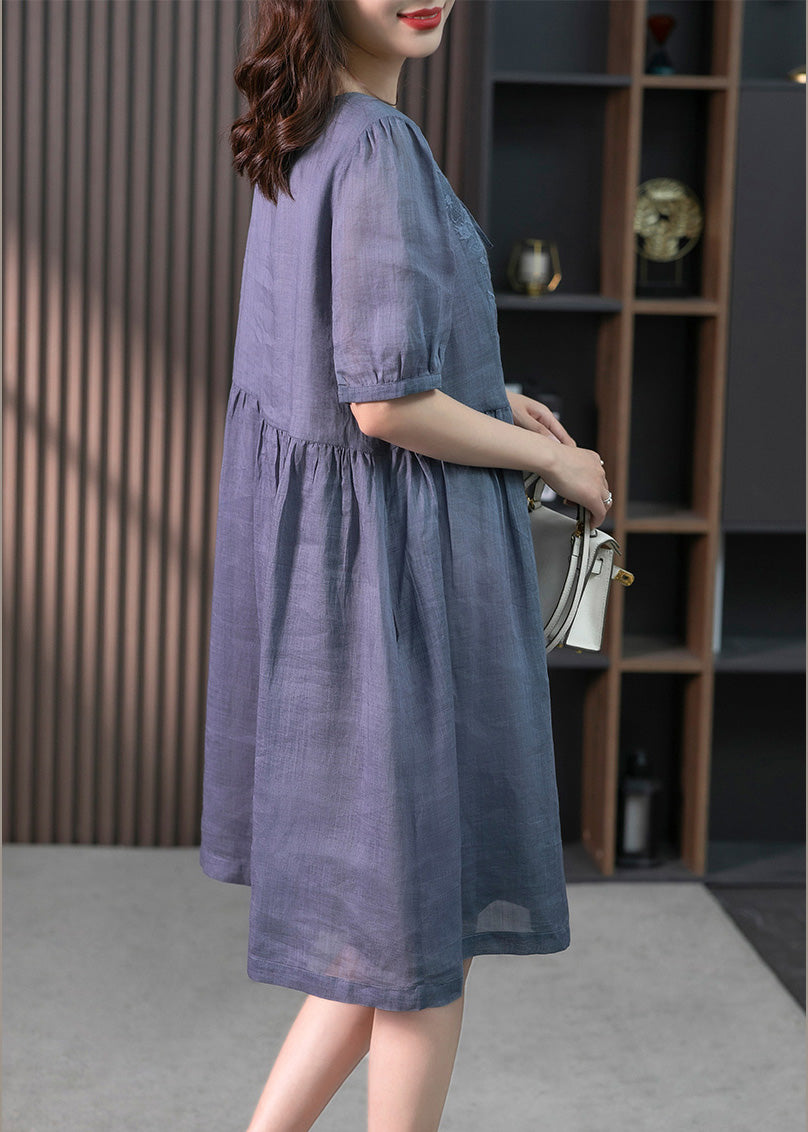 Blue Patchwork Neck Tie Linen Maxi Dresses Short Sleeve LY1754 - fabuloryshop