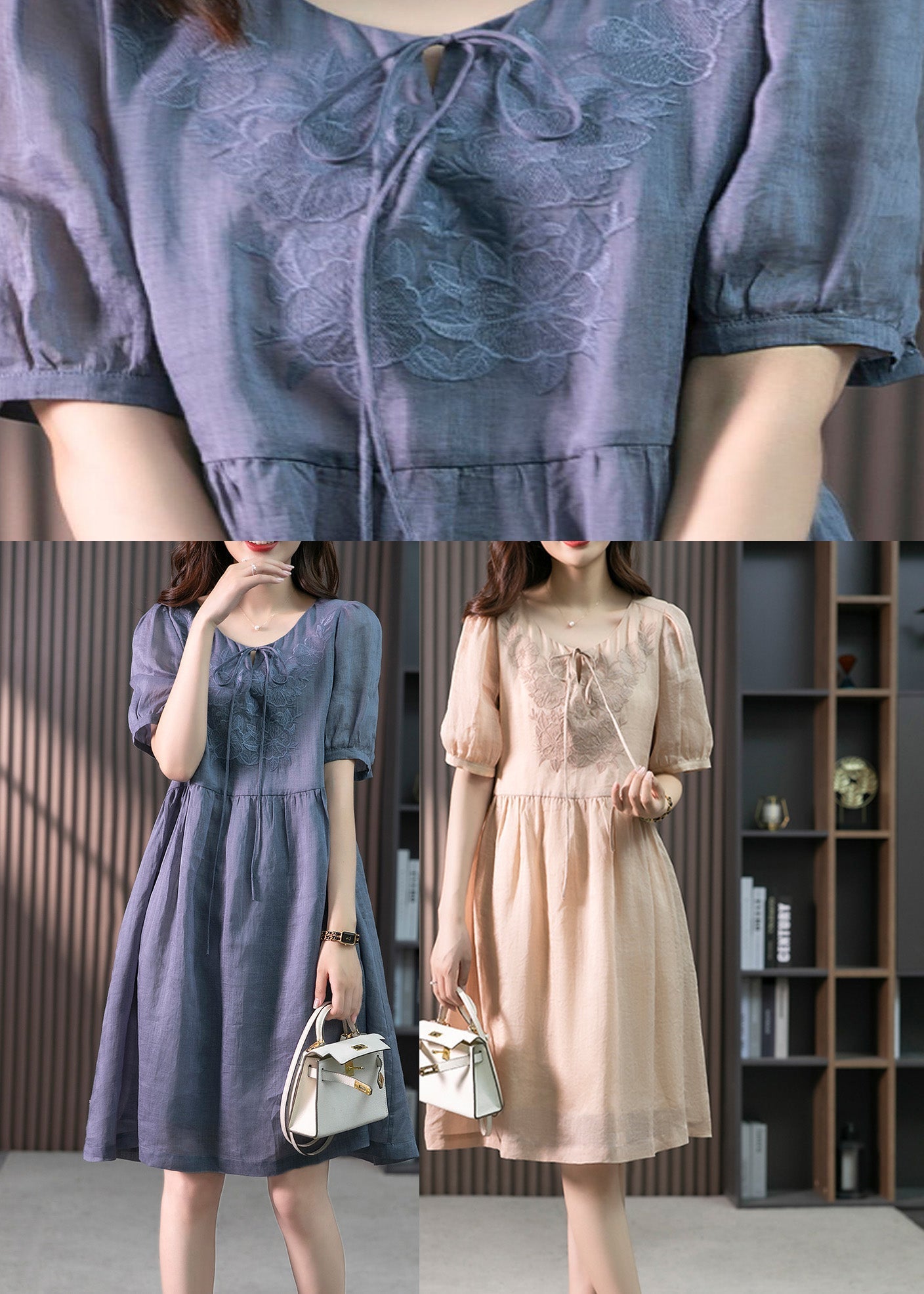 Blue Patchwork Neck Tie Linen Maxi Dresses Short Sleeve LY1754 - fabuloryshop