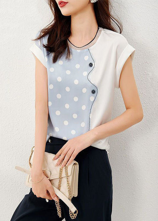 Blue Patchwork Print Dot Silk T Shirt O Neck Summer LY0085 - fabuloryshop