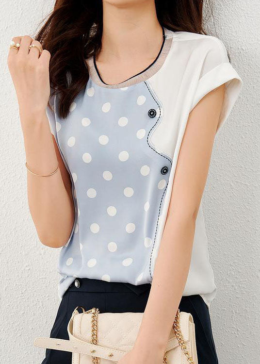 Blue Patchwork Print Dot Silk T Shirt O Neck Summer LY0085 - fabuloryshop