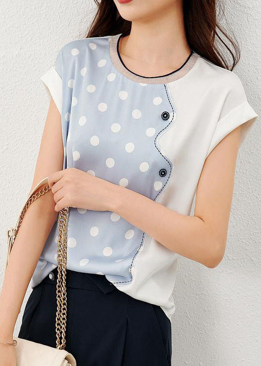 Blue Patchwork Print Dot Silk T Shirt O Neck Summer LY0085 - fabuloryshop