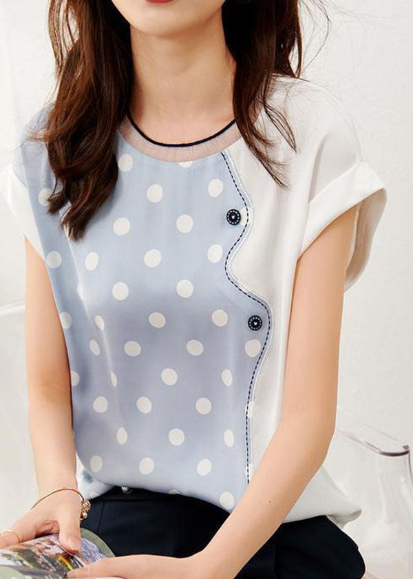 Blue Patchwork Print Dot Silk T Shirt O Neck Summer LY0085 - fabuloryshop