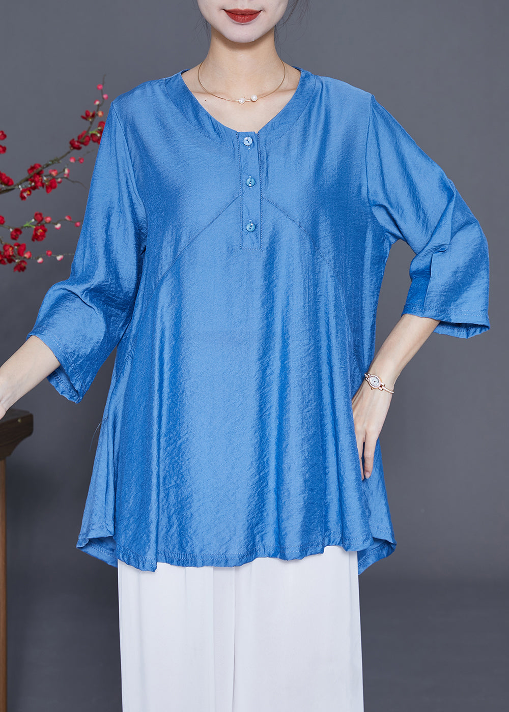 Blue Patchwork Silk Blouse Top Oversized Bracelet Sleeve LY3667 - fabuloryshop
